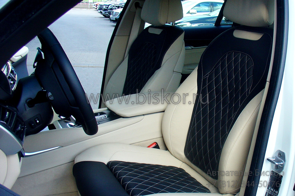 Перетяжка переднего сиденья и центрального подлокотника кожей в авто BMW X6